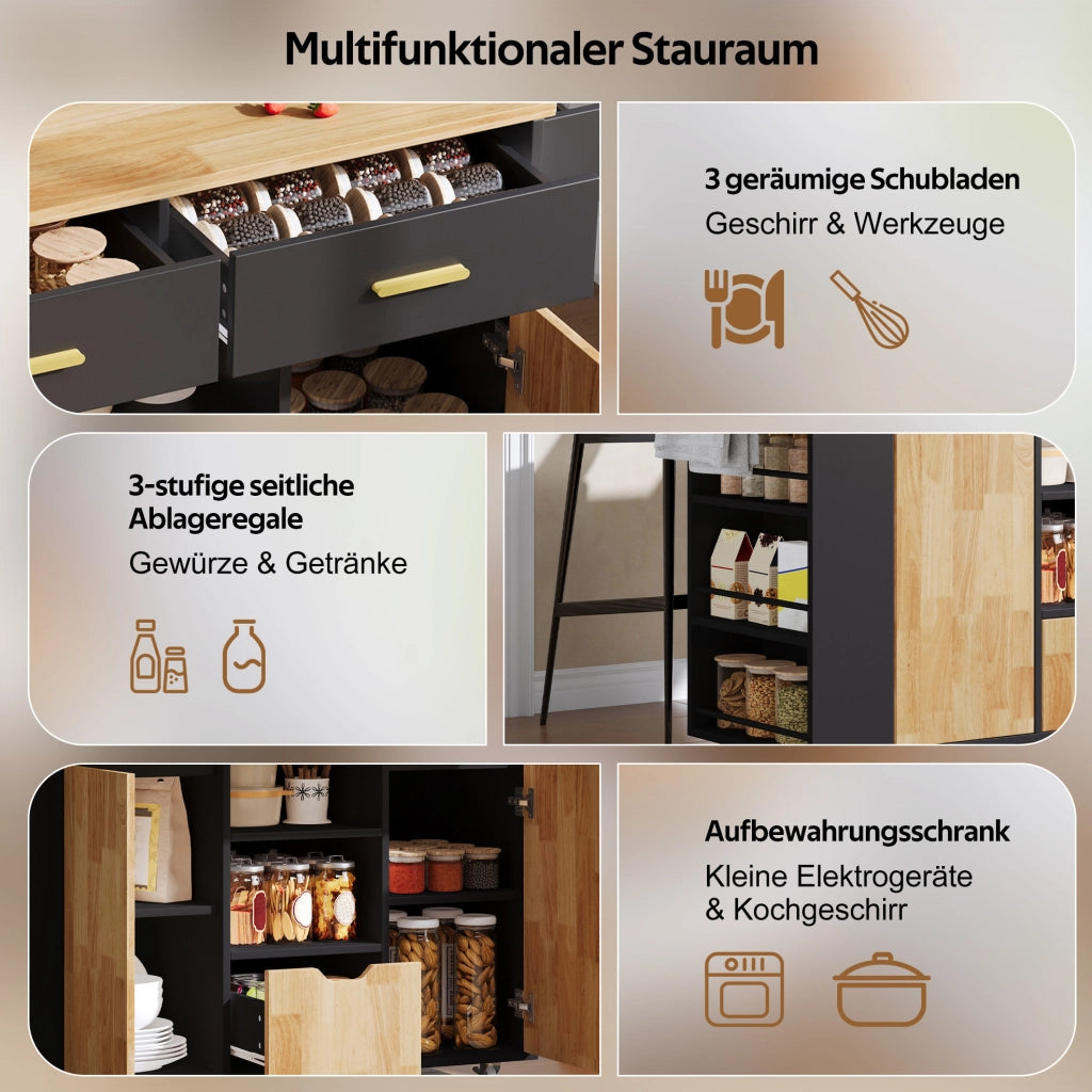 Isola cucina mobile con piano allungabile, carrello con 3 cestoni e scaffale porta spezie, 120 × 45(71) × 90 cm, mobili con ruote bloccabili