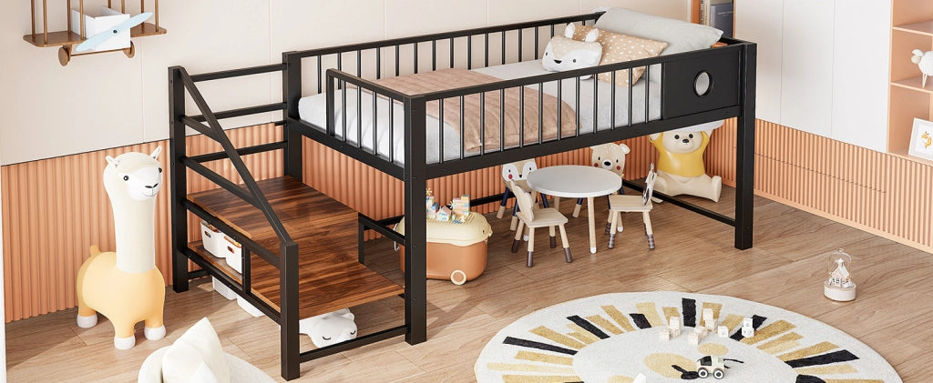 Letto a soppalco basso per bambini 90x200 cm con struttura metallica nera e scala contenitore