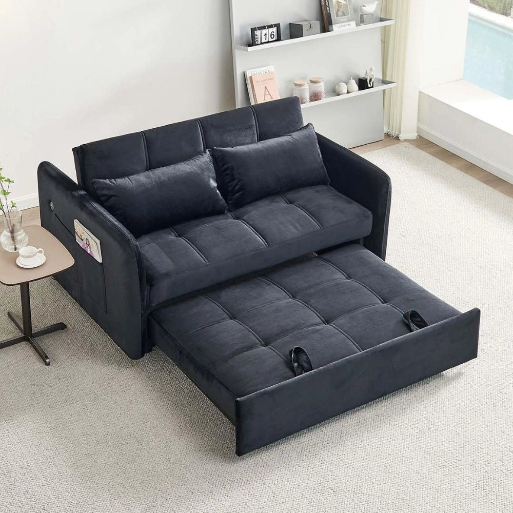 Divano letto Clorene in velluto nero con tasche e presa USB laterale