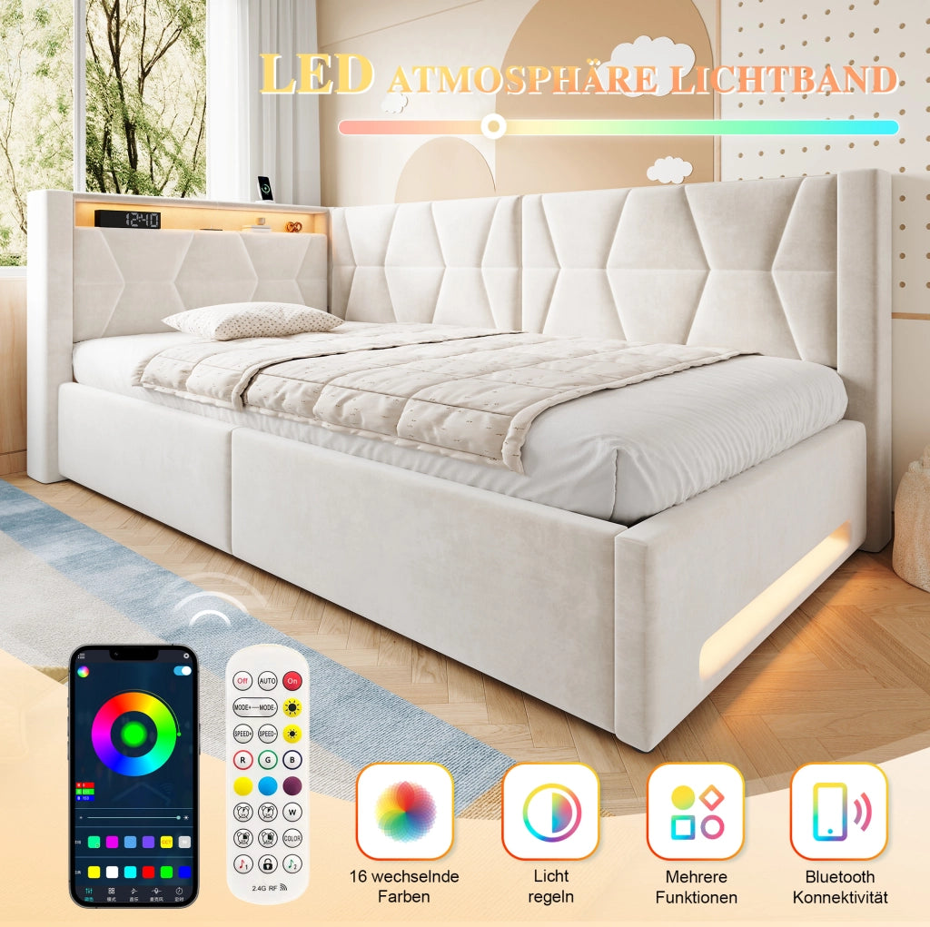 Letto imbottito beige 90 x 200 cm con contenitore, LED, USB e Type-C