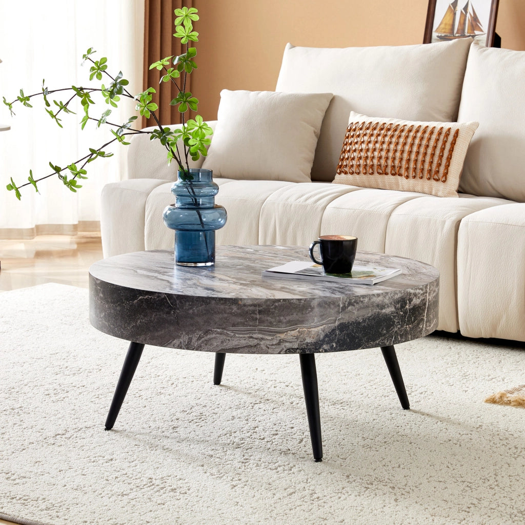Tavolino da salotto rotondo Ø 70 cm effetto marmo grigio con gambe in metallo nere HOMVRA