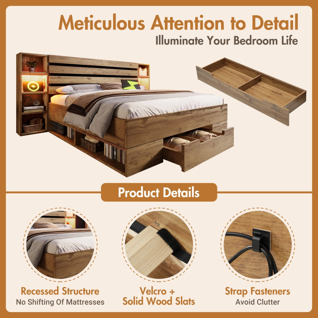 Letto matrimoniale 160×200 cm 2 posti; LED regolabile; USB e ricarica C; mensole e 2 cassetti; senza materasso