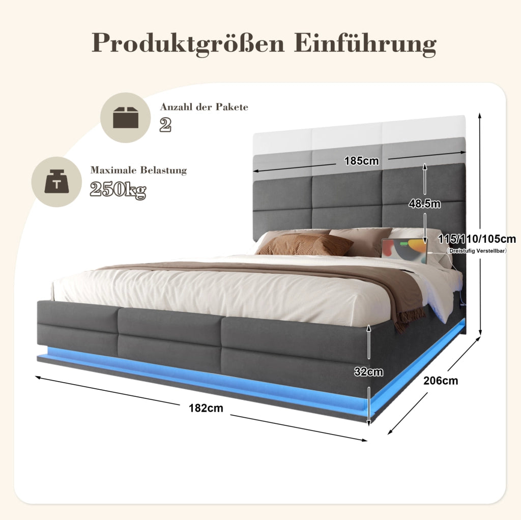 Letto contenitore 180x200 cm in velluto grigio con testiera regolabile; LED dimmerabile e USB