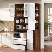 Highboard in MDF Weiß und Nussbaum mit verstellbaren Regalböden, Schubladen und Riffelglas, 100x40x200 cm, ideal für Esszimmer und Küche