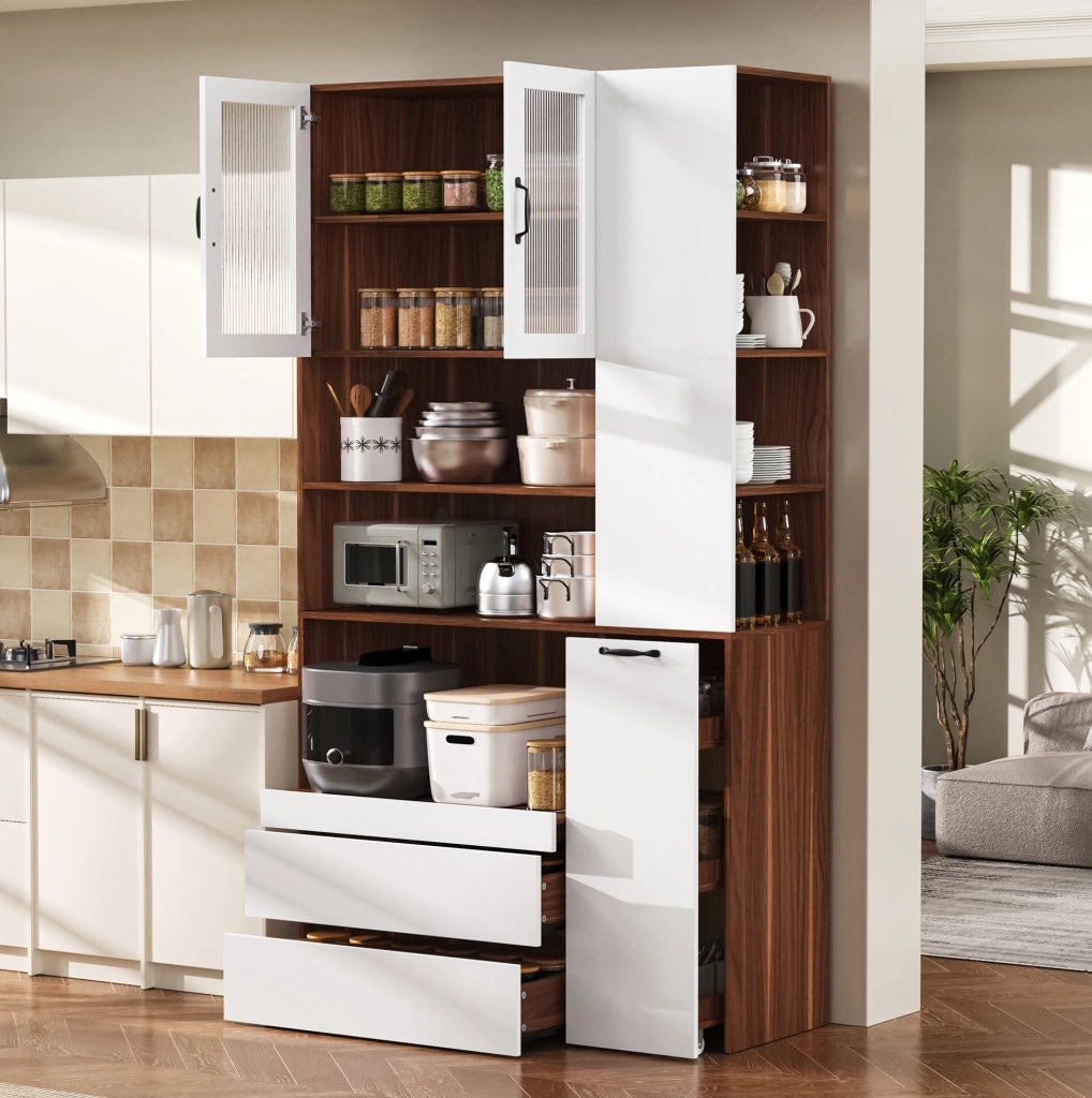 Highboard in MDF Weiß und Nussbaum mit verstellbaren Regalböden, Schubladen und Riffelglas, 100x40x200 cm, ideal für Esszimmer und Küche
