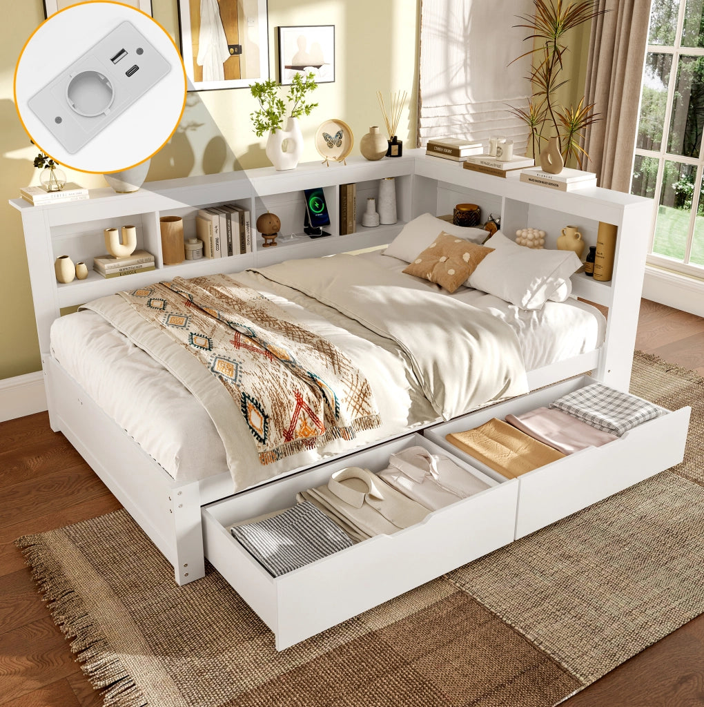 LETTO Sofà letto 140x200 cm Bianco con 2 cassetti, prese e 2 porte USB