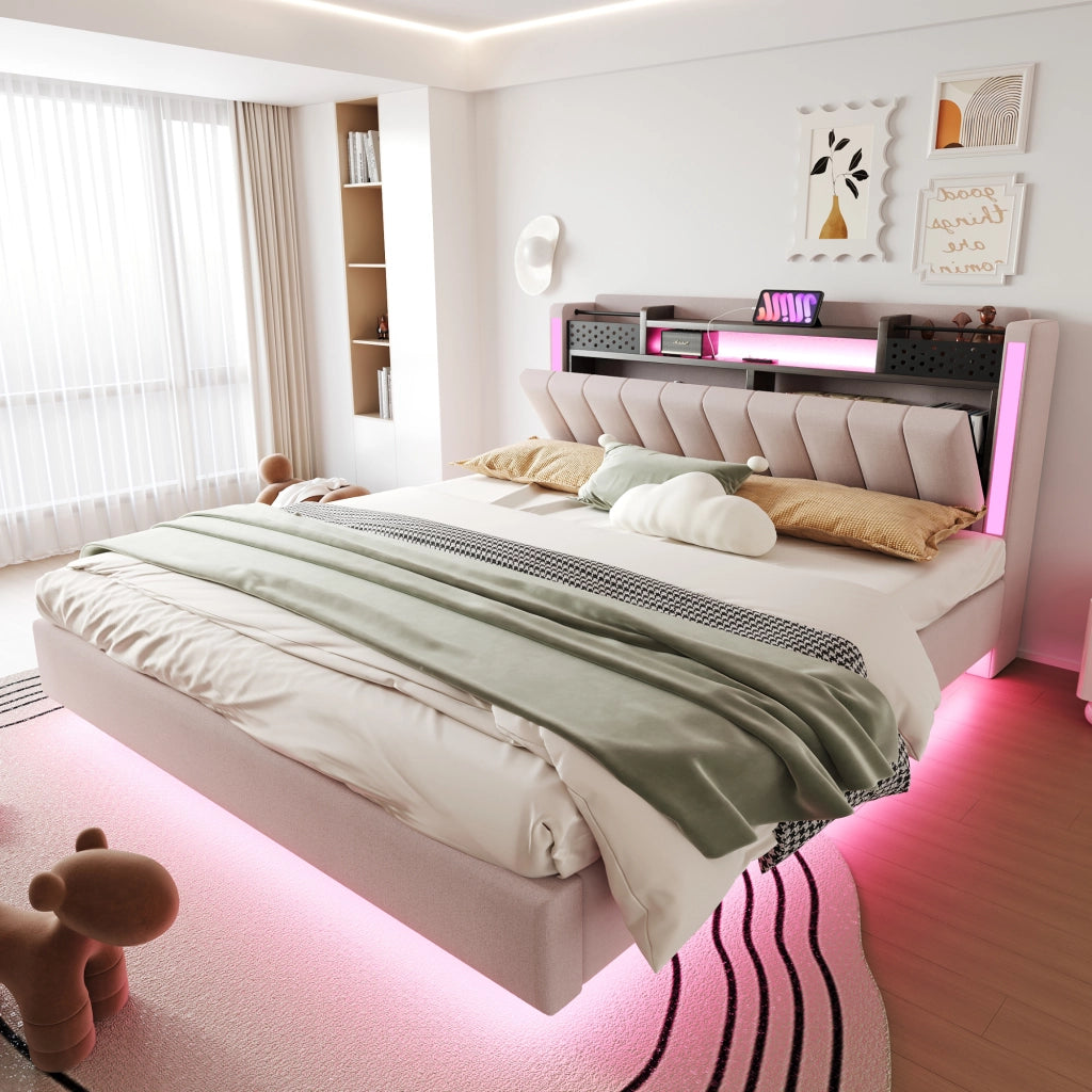 Letto imbottito 160 × 200 cm con LED e porta USB testiera con vano contenitore rivestito in tessuto di lino beige