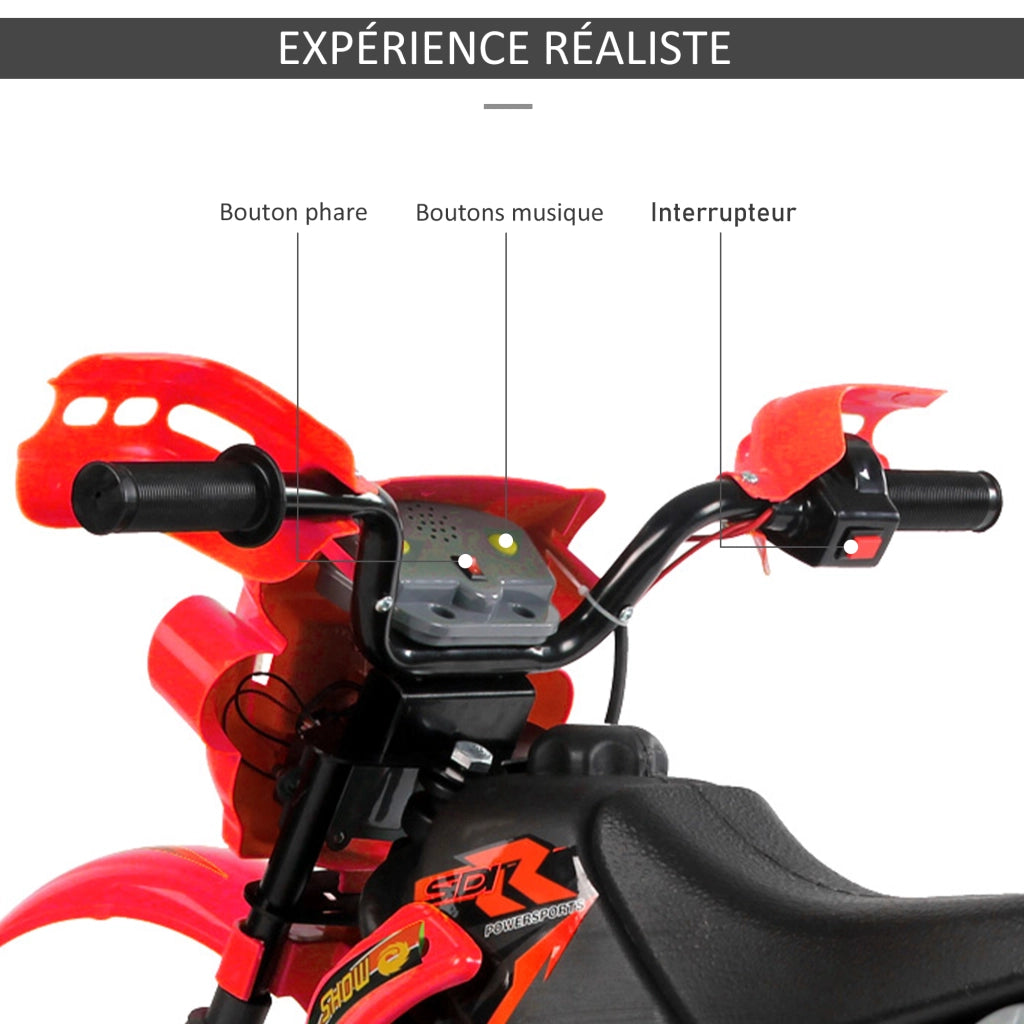 Moto cross elettrica per bambini 3-6 anni 6V con fari clacson e rotelle rimovibili 102 x 58 x 66 cm rosso e nero