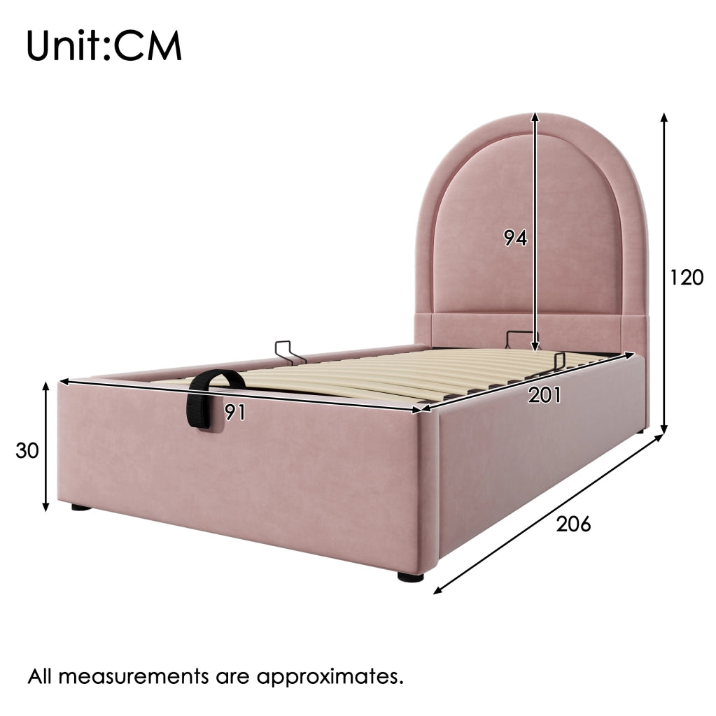 Letto per bambini 90x200 cm con contenitore idraulico in velluto rosa