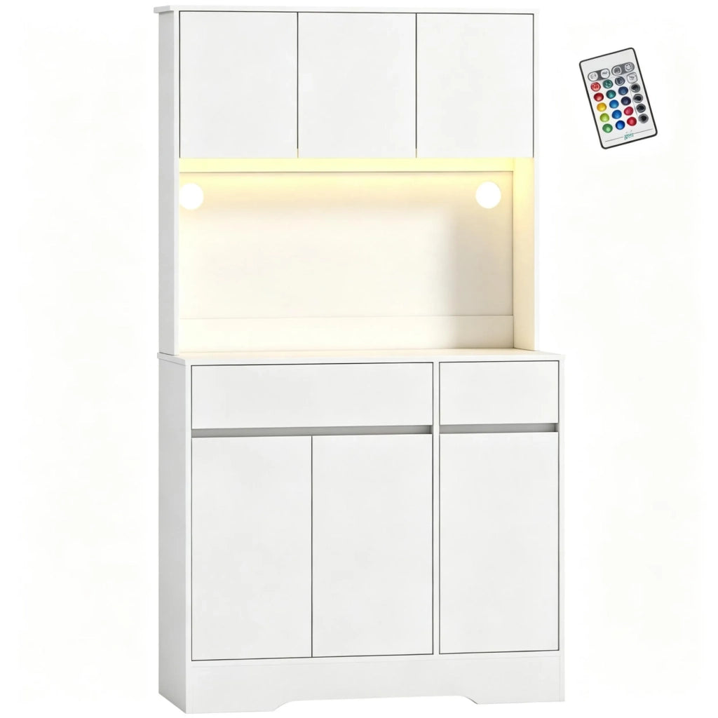 Alta credenza da cucina con illuminazione LED RGB, piano di lavoro, 6 ante e 2 cassetti, mobile contenitore per la cucina
