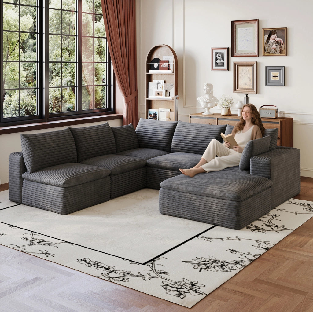 Divano modulare in tessuto di velluto a coste grigio scuro 260x250 cm con imbottitura rimovibile e design a doppio strato