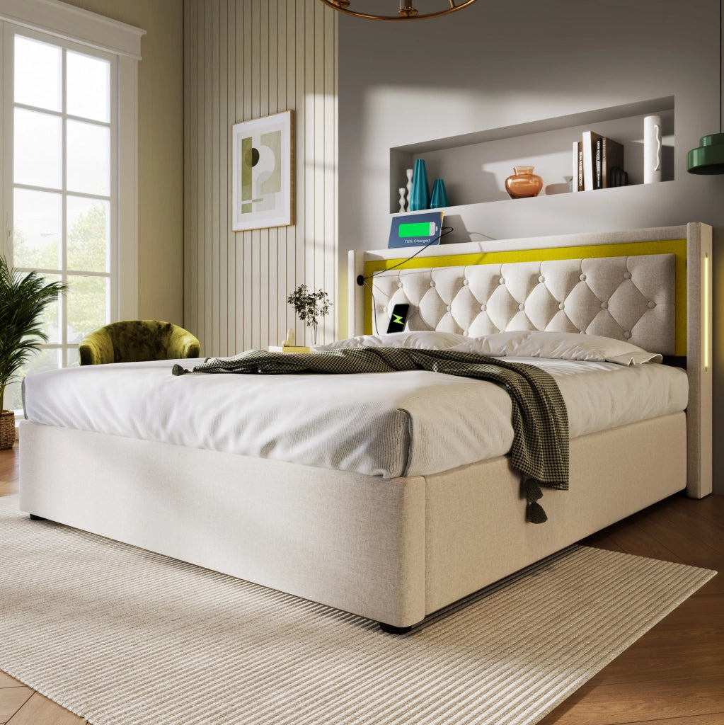 Letto matrimoniale 140x200 cm con contenitore, LED e USB-C in cotone beige