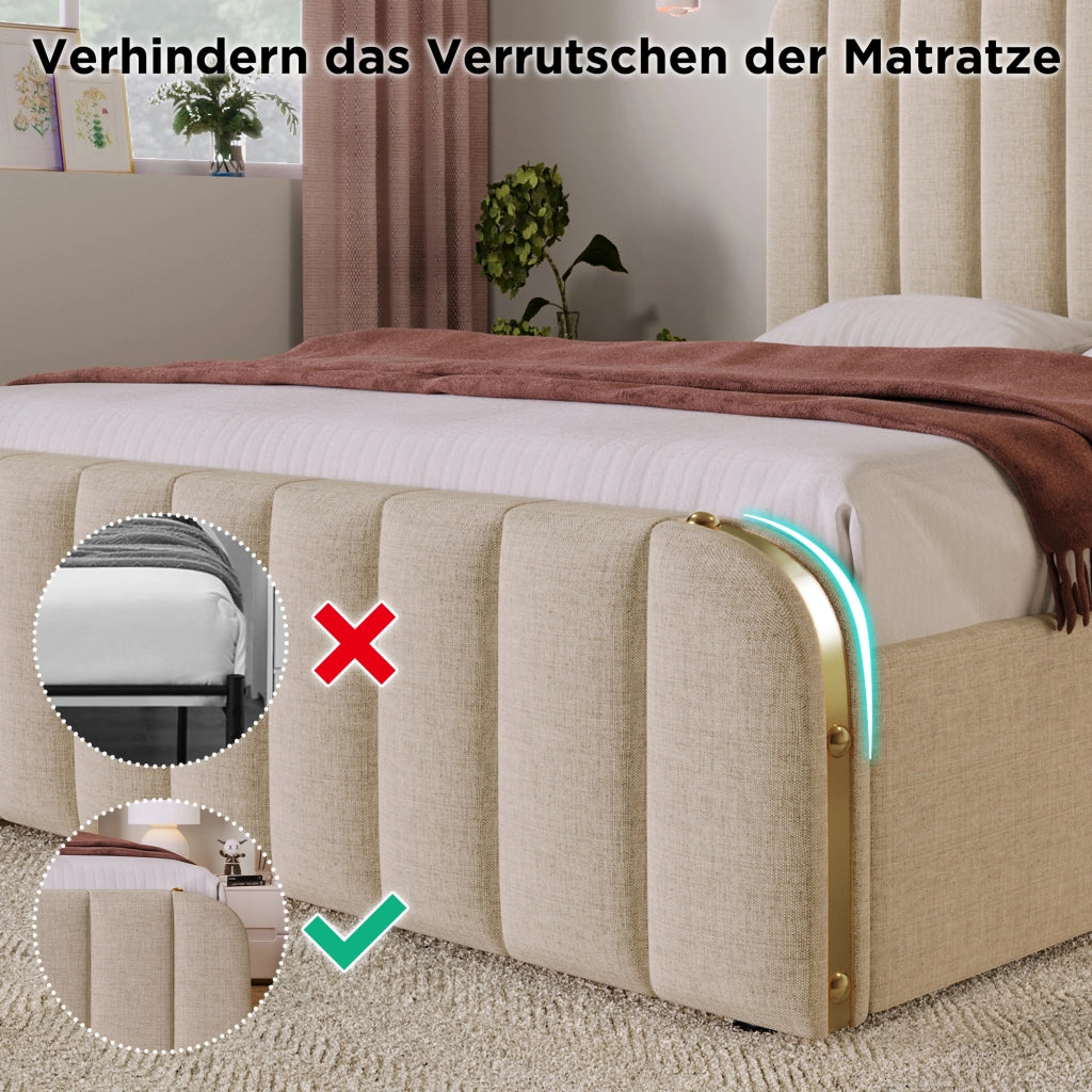 Letto contenitore 160 × 200 cm idraulico con testiera imbottita e porte USB Type-C in metallo e lino beige
