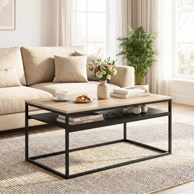 Tavolino da caffè in stile industriale moderno con ripiano, 100 x 59 x 47 cm, struttura nera e piano in effetto quercia