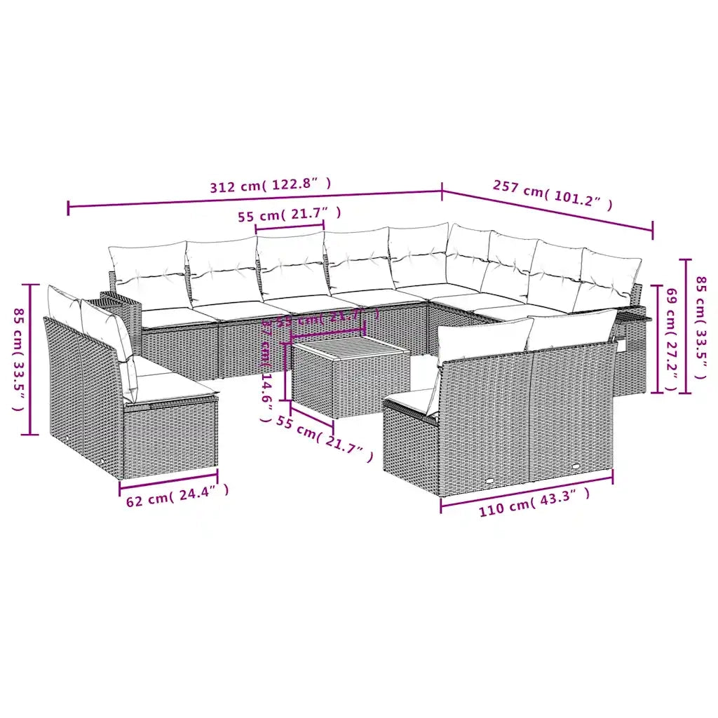 Set Divani da Giardino 13 pz con Cuscini Nero in Polyrattan 3224811