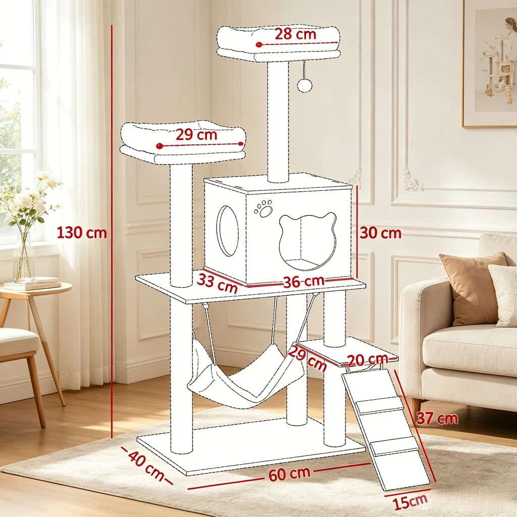 Tiragraffi per gatti con cuccia e amaca; piattaforme e pali in sisal; beige e marrone; 60 × 40 × 130 cm