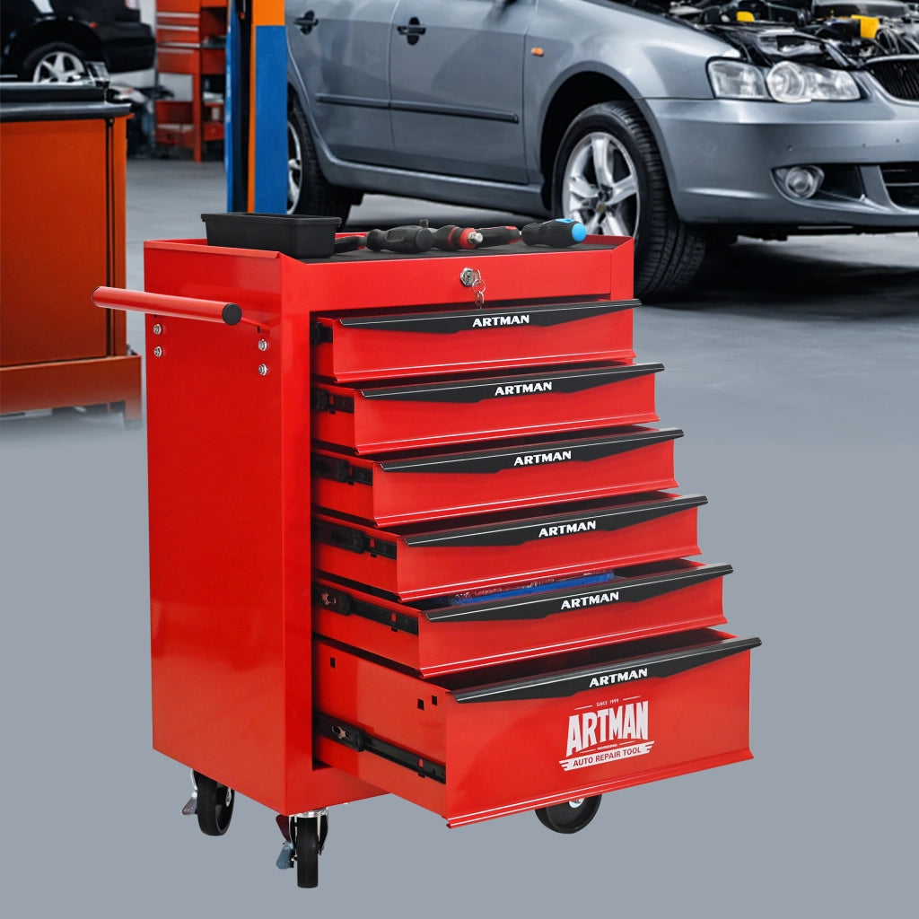 Armadio da officina mobile con 6 cassetti e ruote con freno in acciaio rosso e nero 60.0 × 33.0 × 77.5 cm