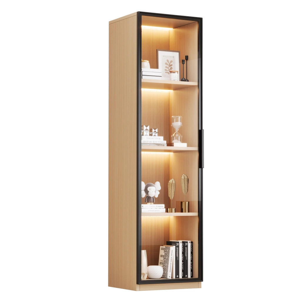 Vetrina stretta 40x40x165 cm in MDF effetto rovere con anta in vetro e LED