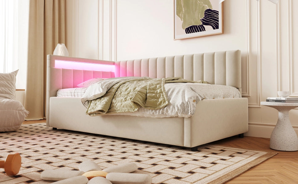 Letto sofà imbottito 90x200 cm con LED, contenitore idraulico, rivestimento in velluto beige