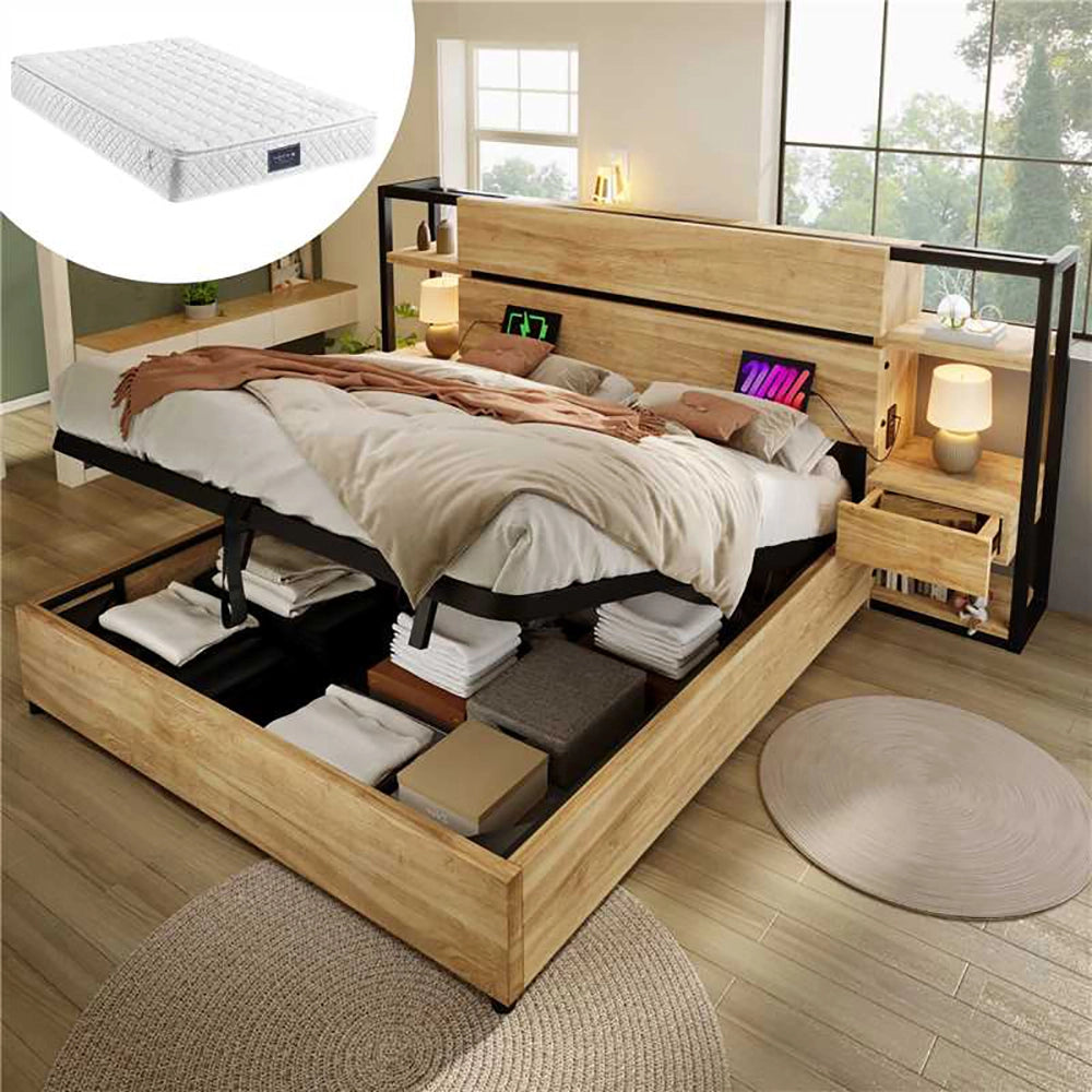 Letto matrimoniale-Xylo-160x200 cm-contenitore idraulico, USB/Type-C, testiera, quercia