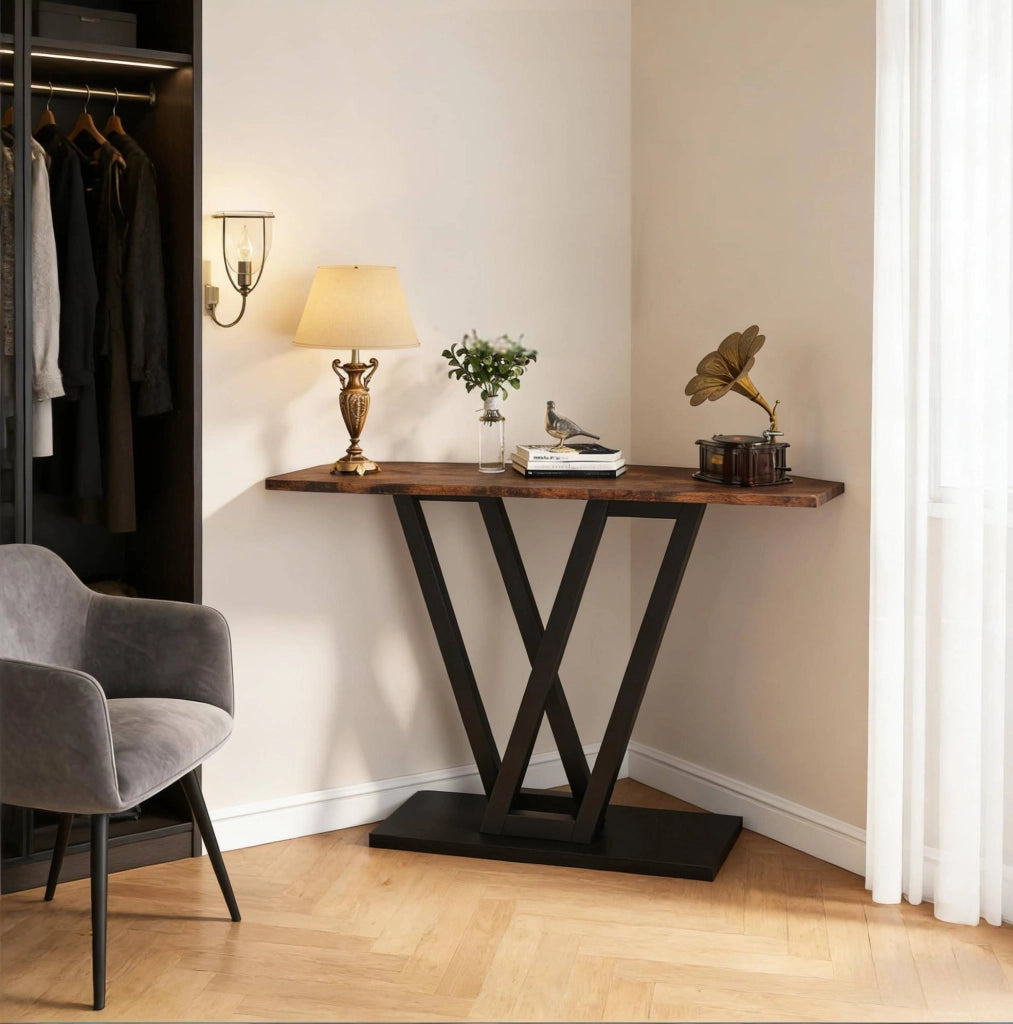 Tavolo consolle stretto 110x30x80 cm in MDF e metallo marrone rustico e nero HOMVRA