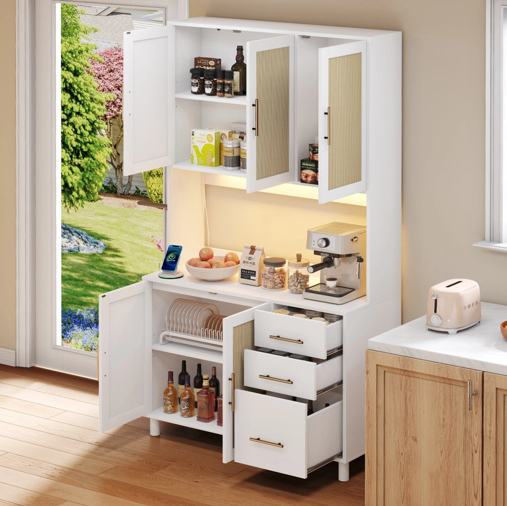 Credenza con luci LED; prese USB e prese elettriche in MDF bianco