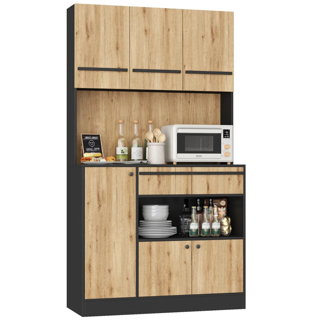 Armadio da cucina alto con illuminazione LED, 2 cassetti e ripiani regolabili, vetrina per soggiorno e sala da pranzo, 100x40x180 cm