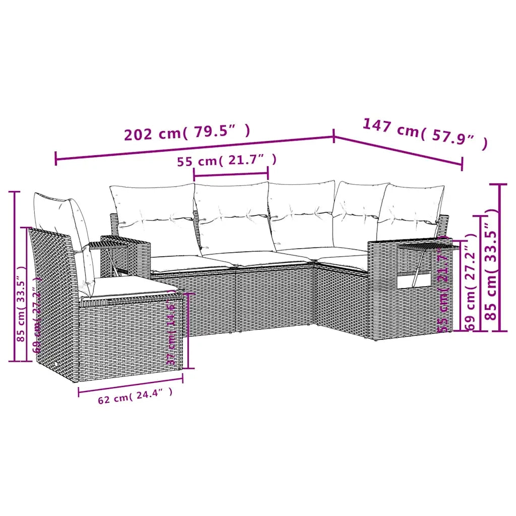 Set Divano da Giardino 5pz con Cuscini Grigio Chiaro Polyrattan