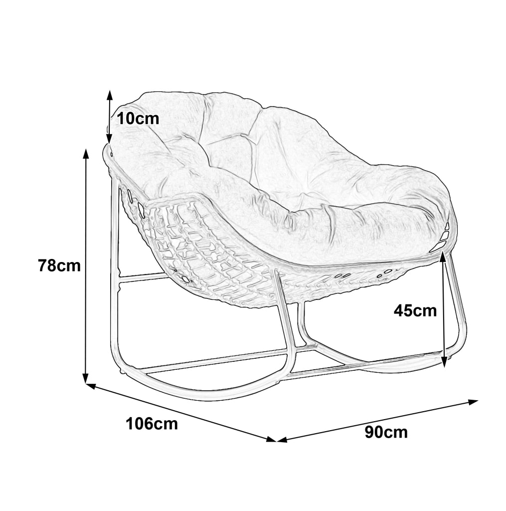 Sedia a dondolo da esterno ULEVR 78x106x90 cm in rattan e acciaio, cuscino spesso 4 pollici, verde