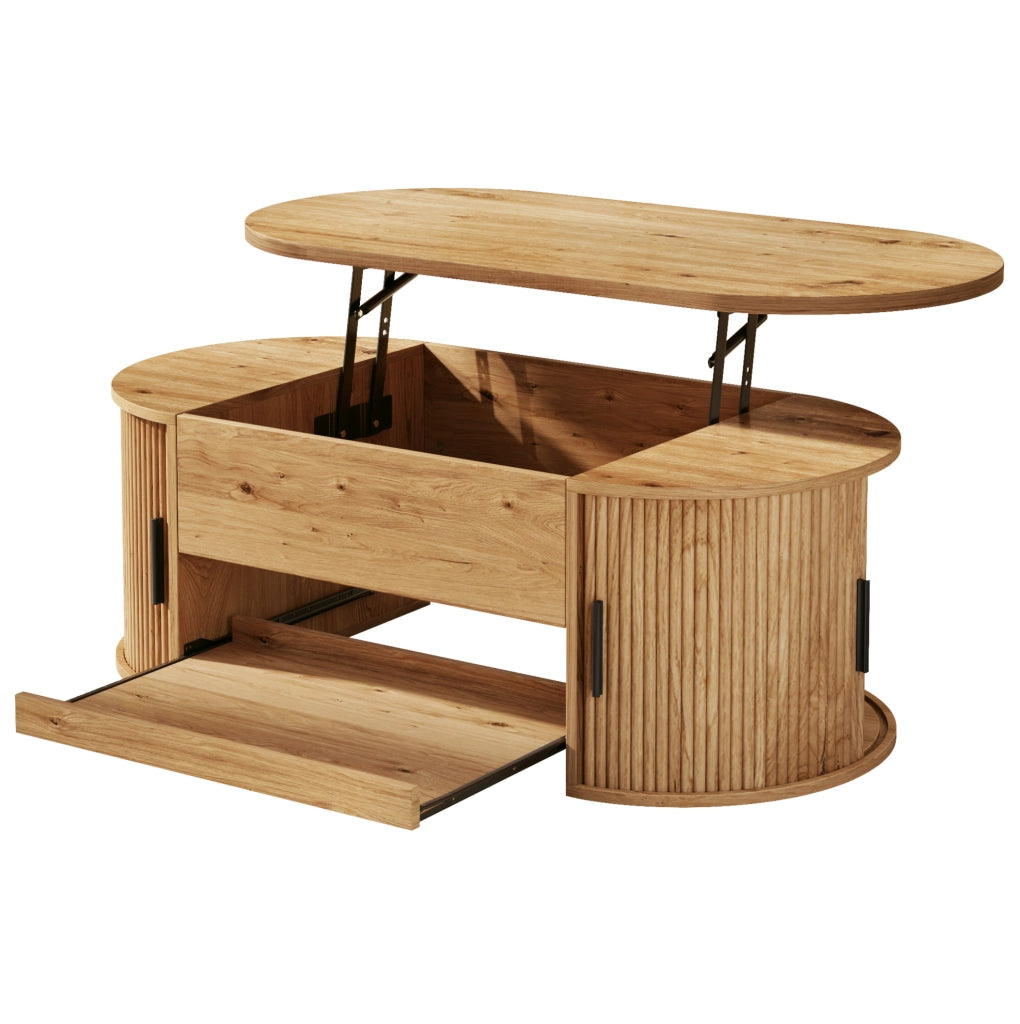 Tavolino da caffè elevabile 110x55x55 cm in MDF naturale con ante scorrevoli