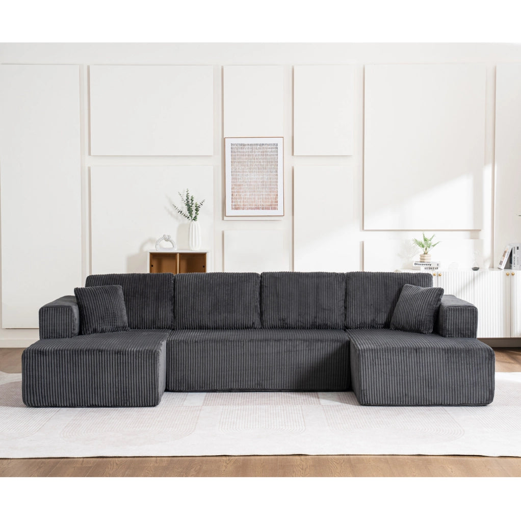 Divano modulare a forma di U in tessuto lampo, 332x156x88 cm, con cuscini grandi e piccoli