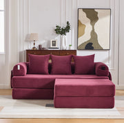 Divano modulare con pouf in velluto a coste; struttura in metallo e tasca laterale; rosso vino