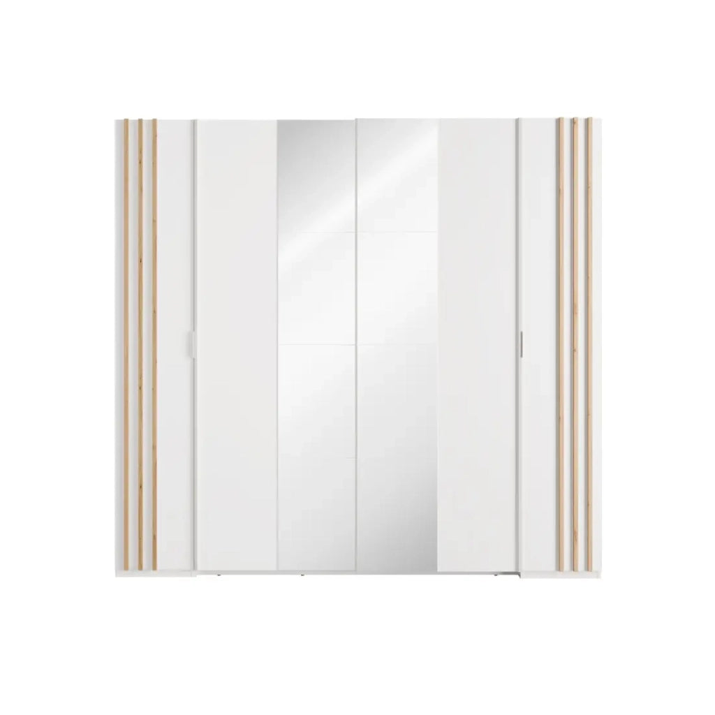 Armadio FLORENCE – Bianco e quercia – 2 porte scorrevoli + 2 a battente – L218 cm – 10 ripiani
