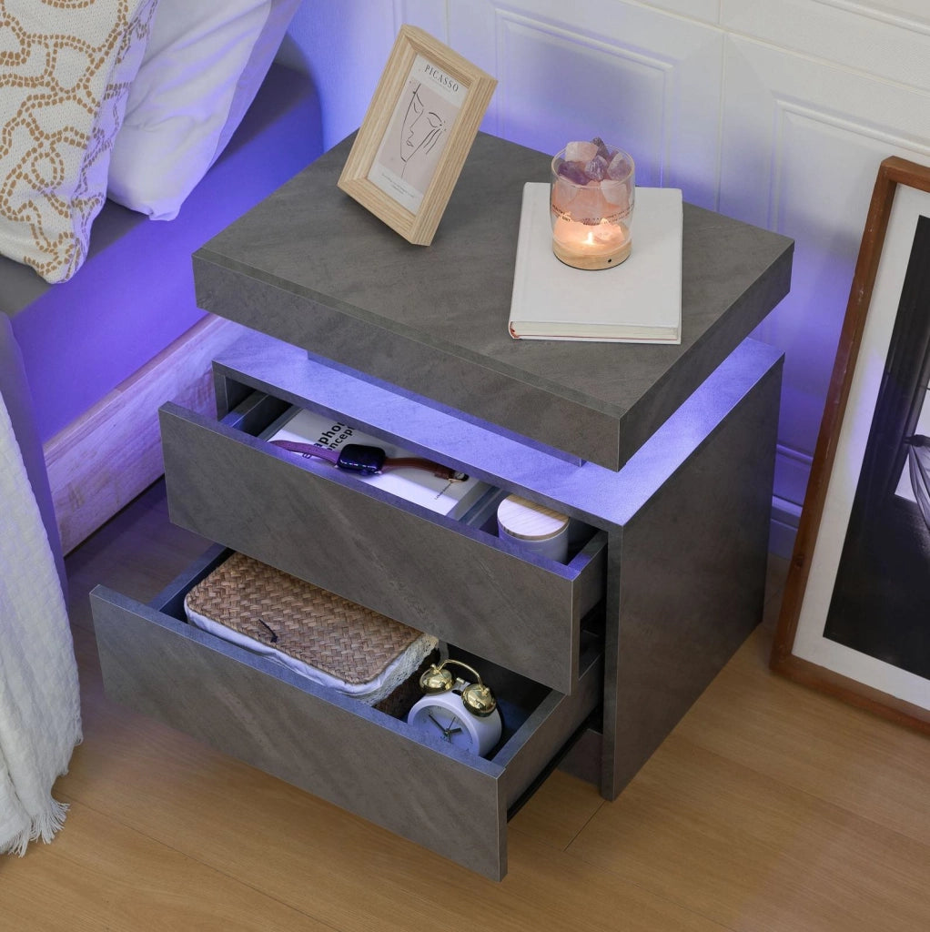 Comodino ULEVR con LED multicolore regolabile, 2 cassetti e vano aperto, grigio scuro