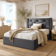 Letto 90x200 cm con contenitore e sollevamento idraulico in cotone grigio