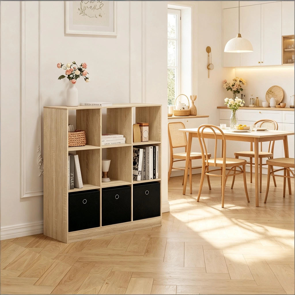 Libreria 80x30x86.5 cm con 3 cassetti in tessuto; legno ingegnerizzato nero e rovere chiaro