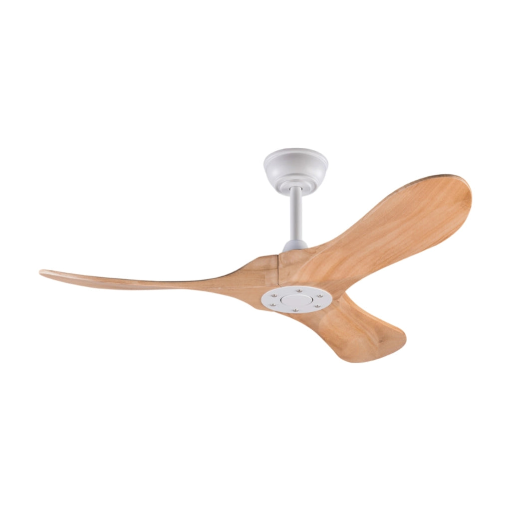 Ventilatore da soffitto con 3 pale in legno; telecomando e motore DC; bianco e legno naturale