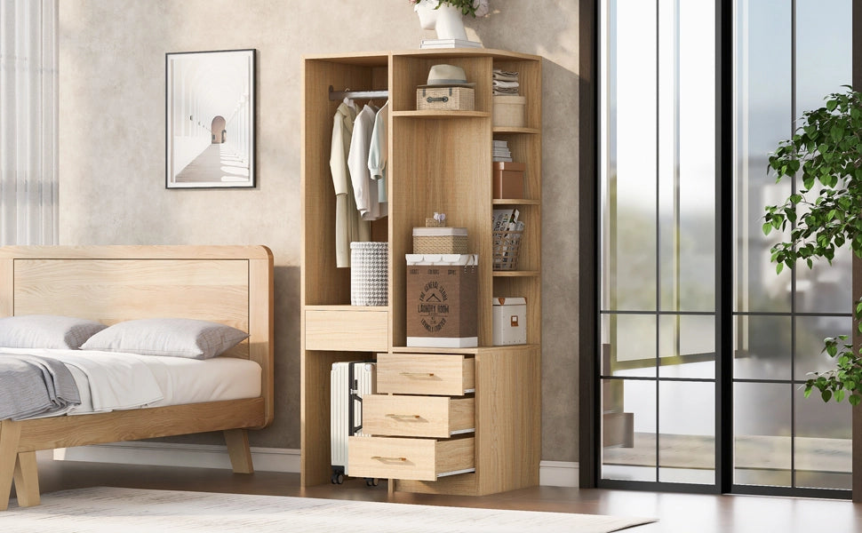 Armadio autoportante con vano appendiabiti ripiani aperti e cassetti in MDF 70 × 55 × 175 cm