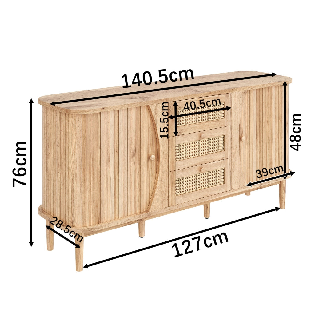 Credenza con 3 cassetti in rattan e ante scorrevoli, ripiani regolabili per soggiorno e ingresso, naturale, 140.5 × 40 × 76 cm