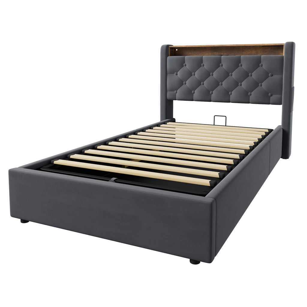 Letto imbottito grigio 90x200 cm con contenitore idraulico, LED e porte USB-A e USB-C