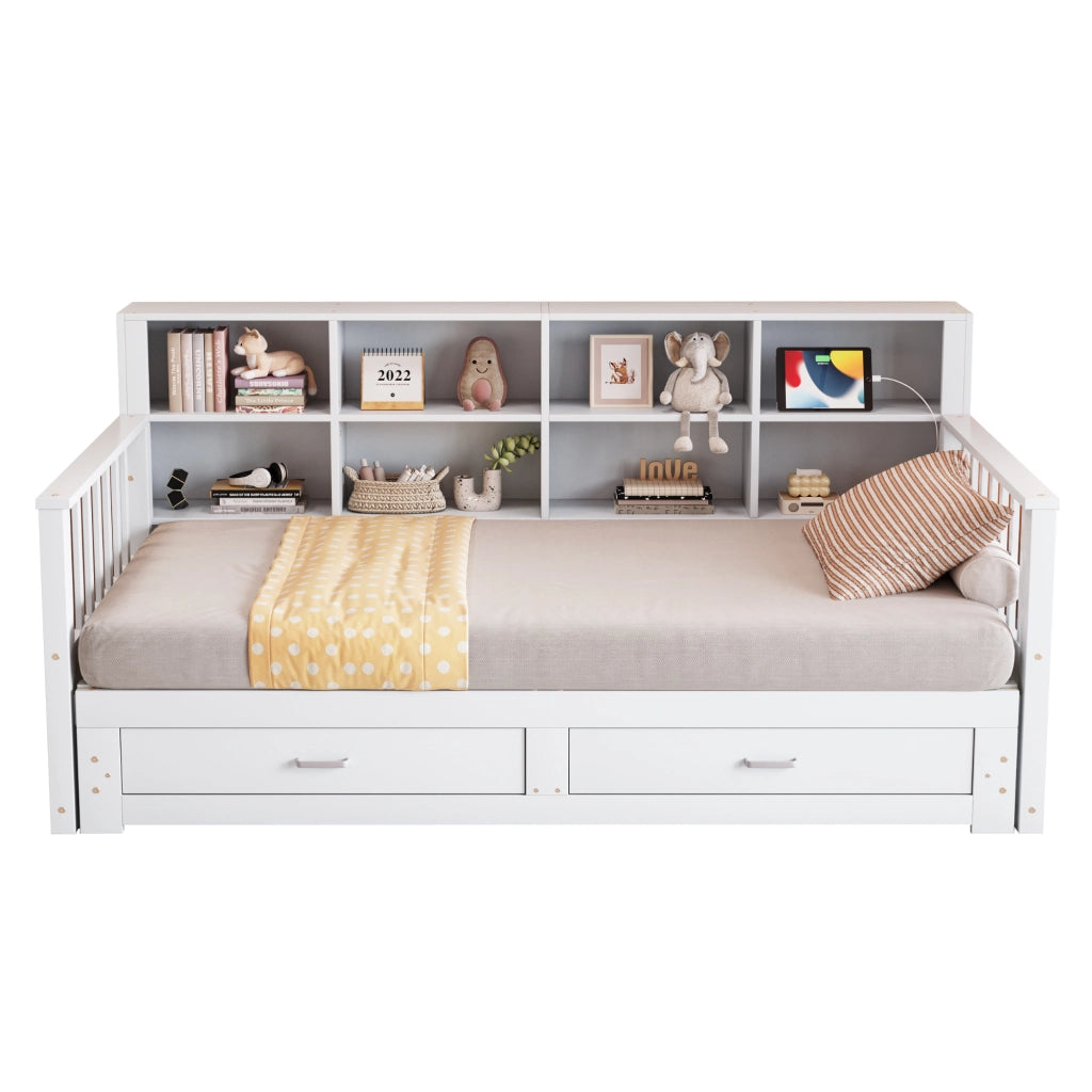 Letto estraibile multifunzione in legno bianco con due cassetti rete a doghe presa e ripiani integrati