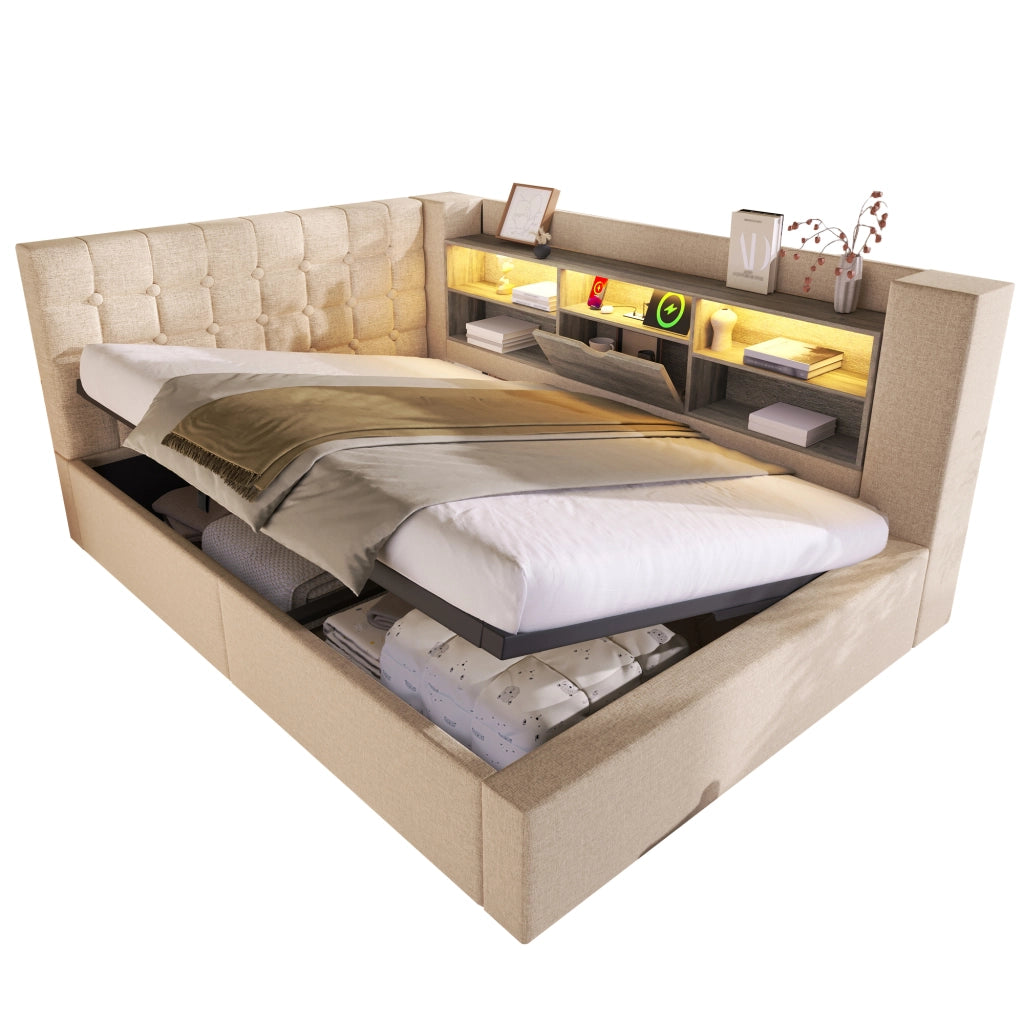 Letto matrimoniale 140 × 200 cm con contenitore idraulico; LED; USB e USB-C; materasso incluso; in lino beige
