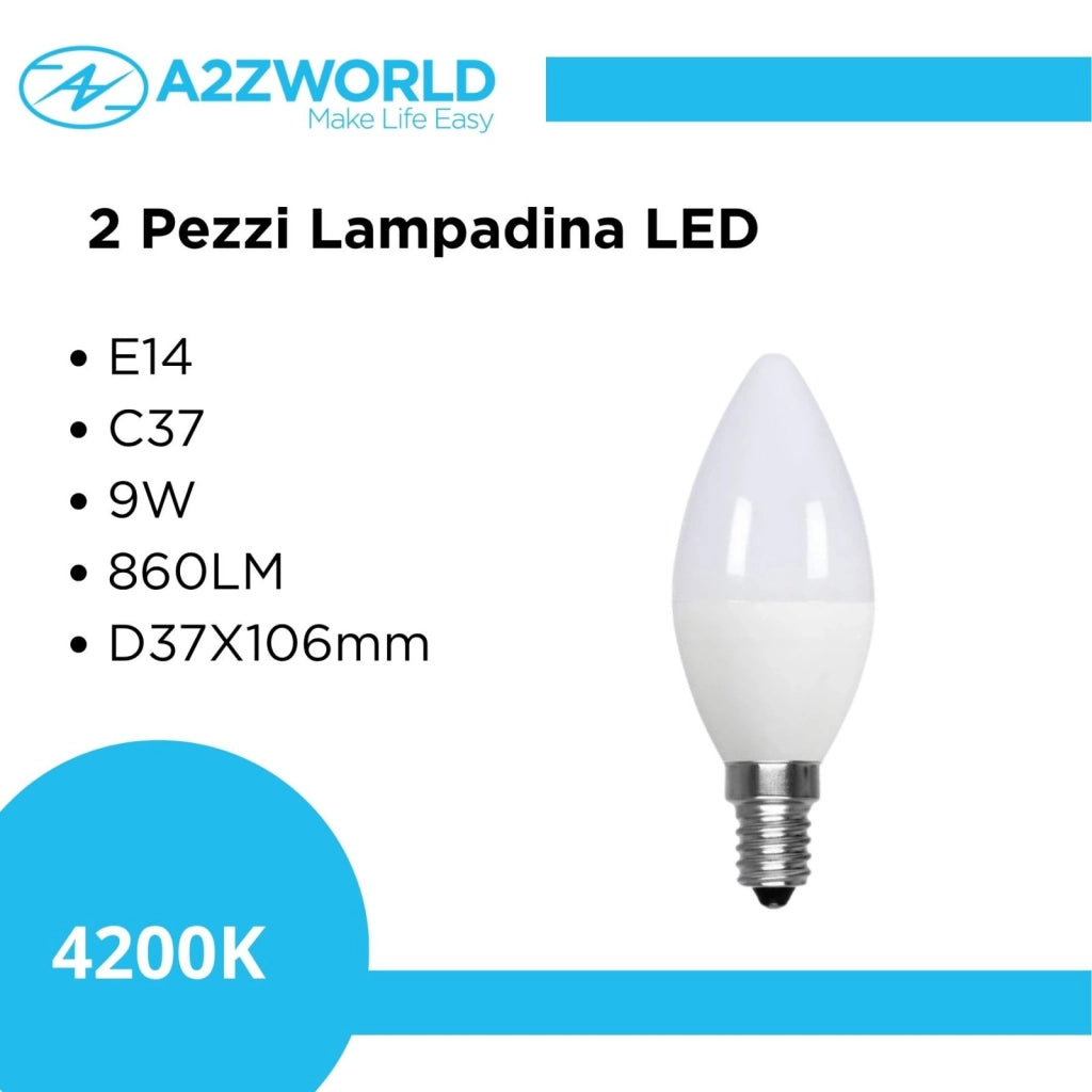 2 Pezzi Lampadina LED, Lampadina E14 C37 9W 860LM D37X106mm, Disponibili 3000K 4200K 6500K (Bianco Neutro 4200K)