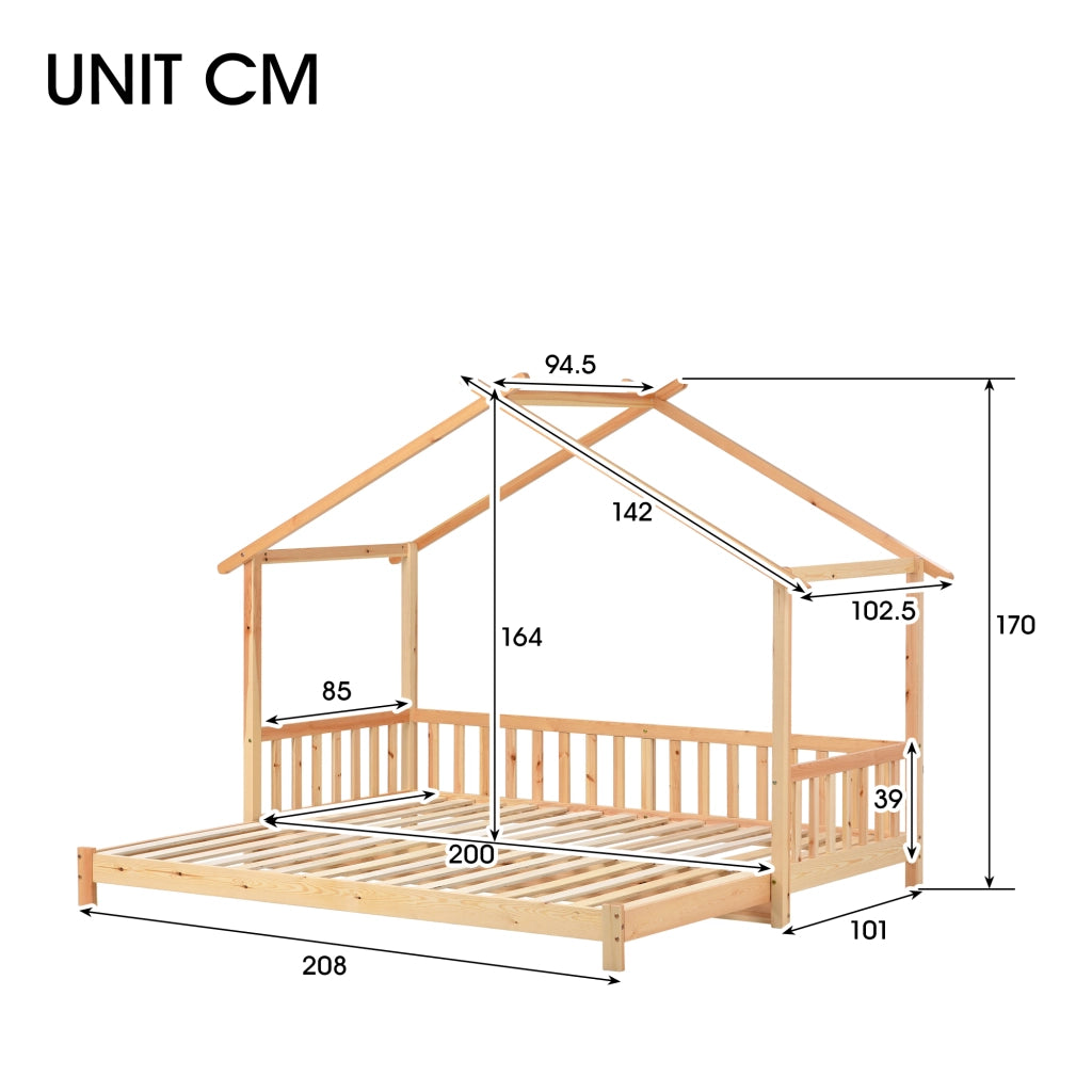 Letto a casetta 90 × 200 cm estensibile a 180 × 200 cm con rete a doghe in legno naturale