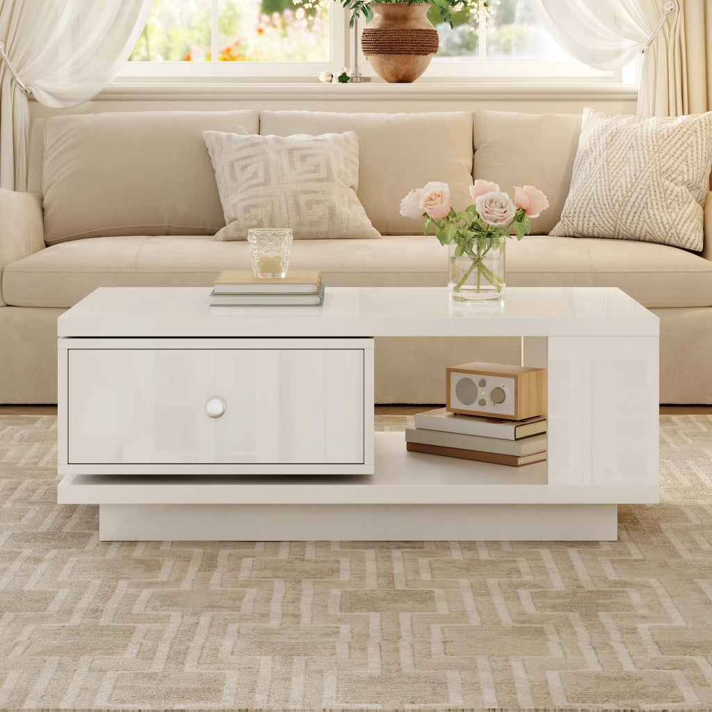 Tavolino da salotto con cassetto girevole e vano aperto, bianco lucido, in MDF e truciolare, 90 × 48 × 35 cm