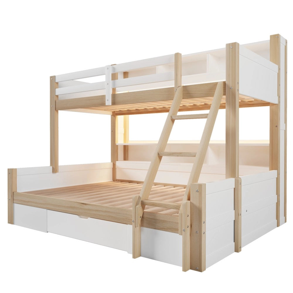 Letto a Castello 90x200 + 140x200 con LED e Cassetto ¨C Xylo ¨C Bianco e Naturale