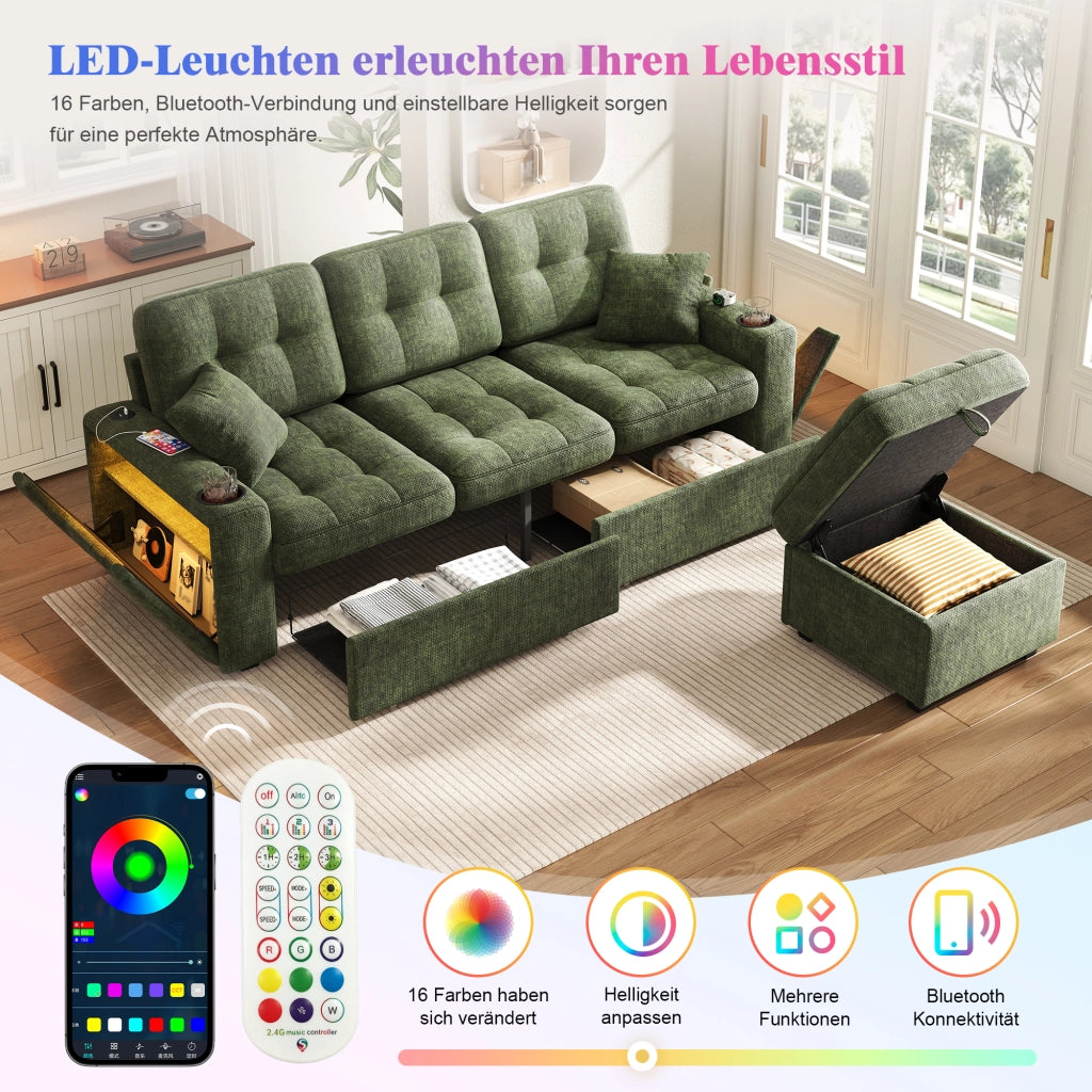 Divano multifunzionale 194;5x133x83 cm con USB-C; illuminazione LED; portabicchieri; portaoggetti e cassetti 2; pouf integrato; ciniglia; verde