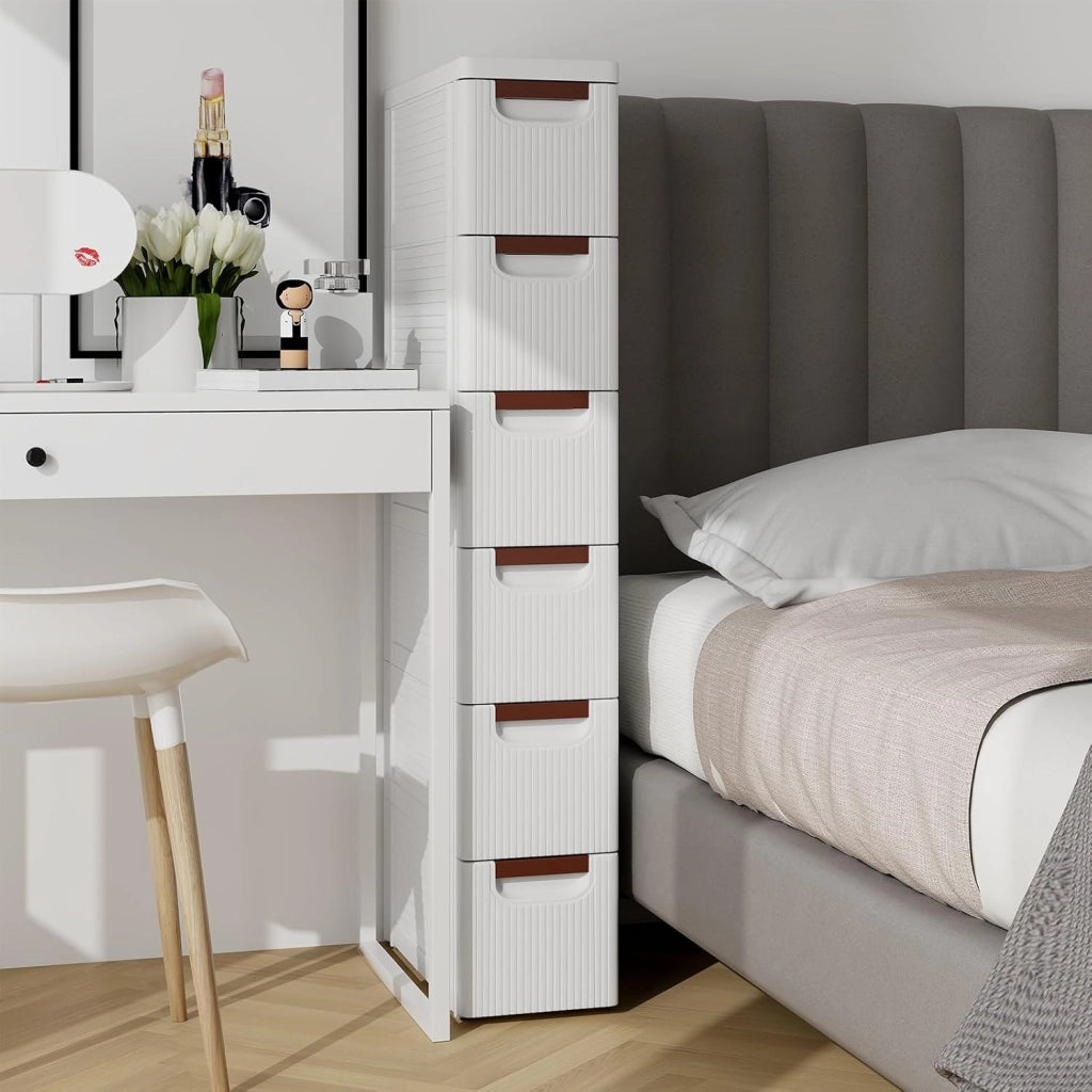 Cassettiere con 6 Cassetti, Comò con Ruote Incorporate per Spazi Stretti, Armadietto Salvaspazio Moderno in Plastica per Scrivania, Camera da Letto e Soggiorno (42 x 19 x 109 cm)