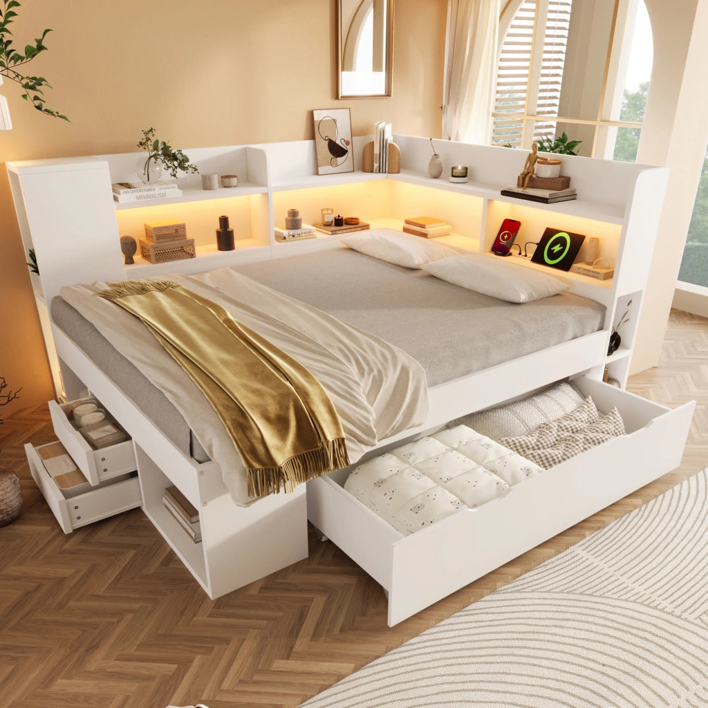 Letto da giorno 140x200 cm bianco con materasso, LED, ricarica USB-C e cassetti