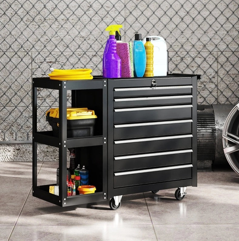 Carrello da officina 96x33,5x75 cm in acciaio nero, 7 cassetti, salvaspazio –